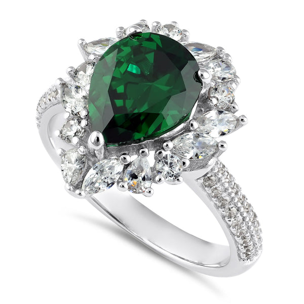 Sterling Silver Extravagant Pear Cut Emerald CZ Halo Ring