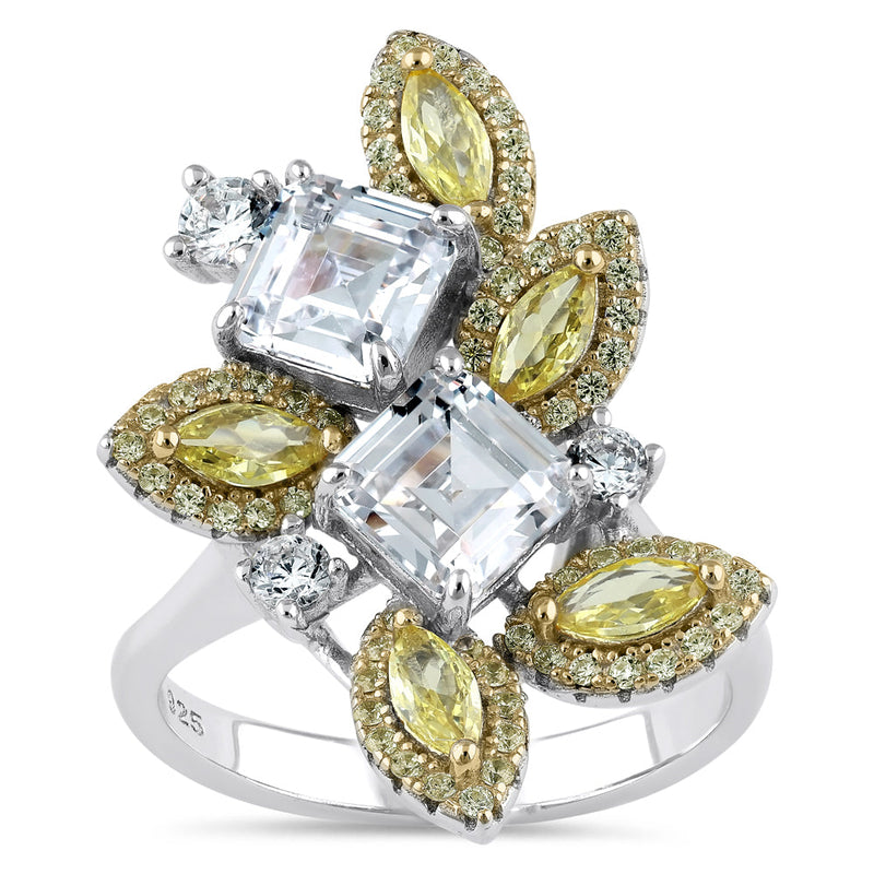 Sterling Silver Yellow and Clear CZ Cluster Ring