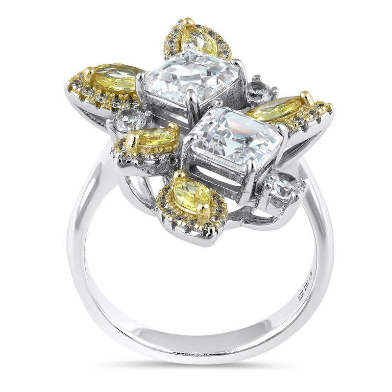 Sterling Silver Yellow and Clear CZ Cluster Ring