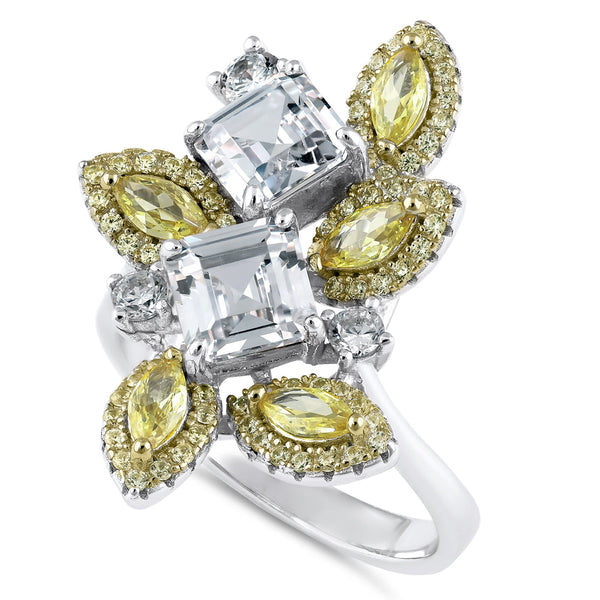 Sterling Silver Yellow and Clear CZ Cluster Ring