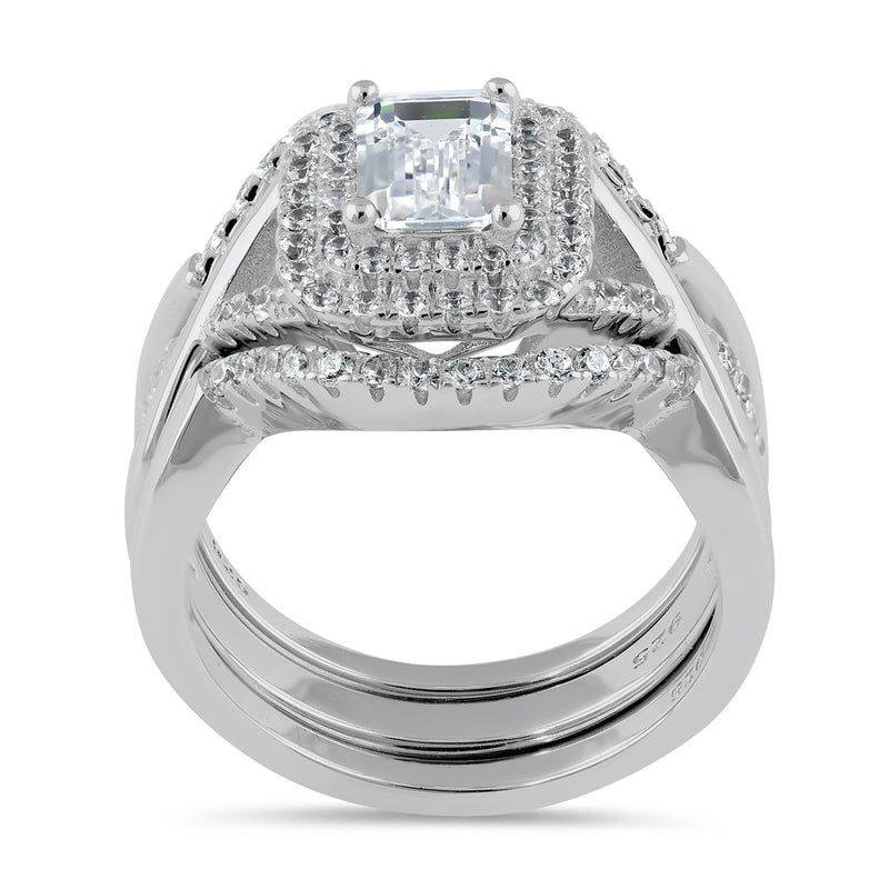 Sterling Silver Emerald Cut CZ Halo Engagement Set Ring