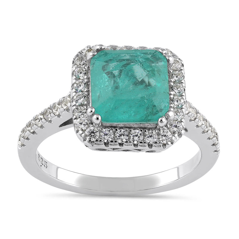 Sterling Silver Teal Square Cut Crackled CZ Halo Ring