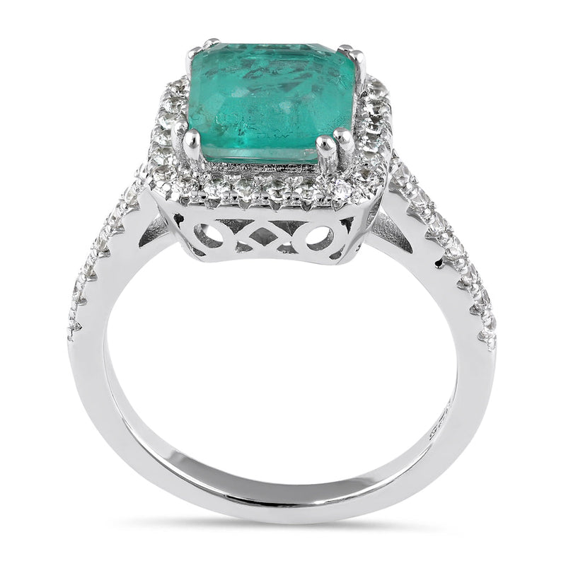 Sterling Silver Teal Square Cut Crackled CZ Halo Ring