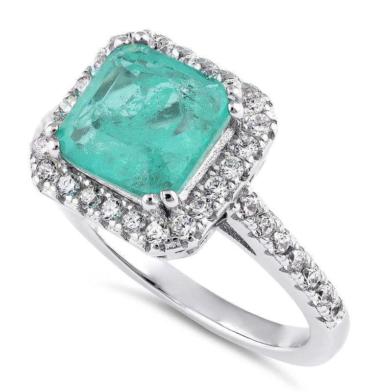 Sterling Silver Teal Square Cut Crackled CZ Halo Ring