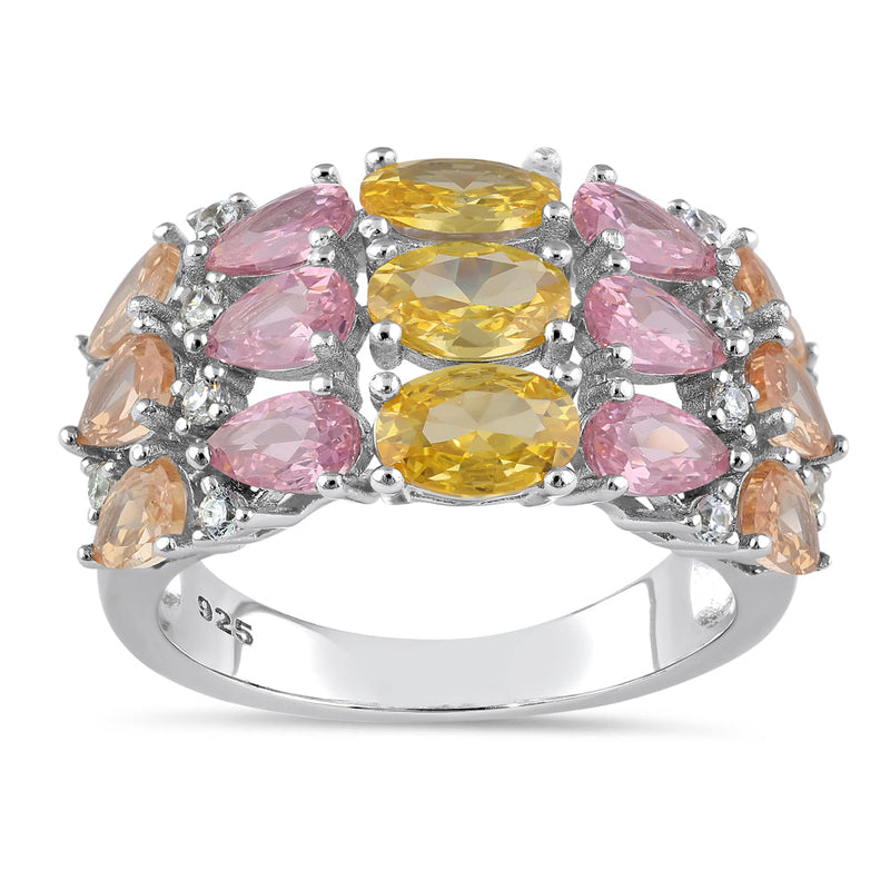 Sterling Silver 3-Row Colorful CZ Ring