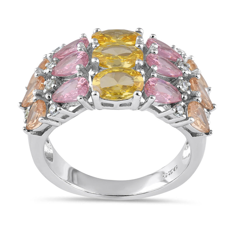 Sterling Silver 3-Row Colorful CZ Ring