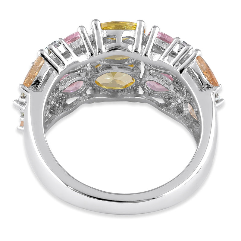 Sterling Silver 3-Row Colorful CZ Ring