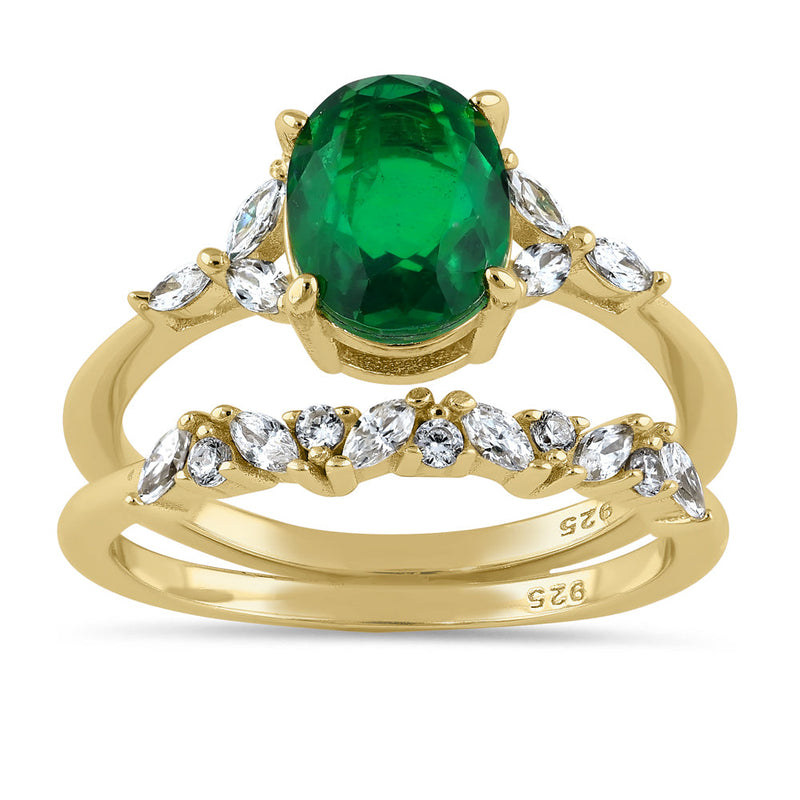 Sterling Silver Yellow Gold Plated Teal Oval Cut CZ Engagement Set Ring