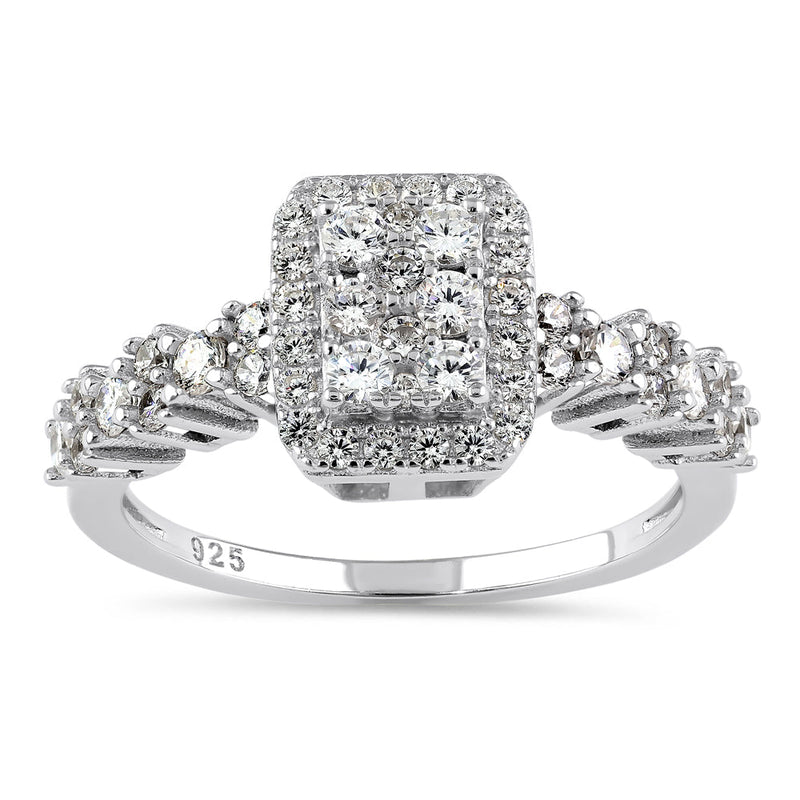 Sterling Silver Rectangle CZ Halo Cluster Ring