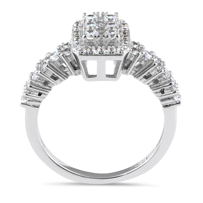 Sterling Silver Rectangle CZ Halo Cluster Ring