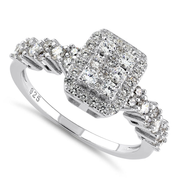 Sterling Silver Rectangle CZ Halo Cluster Ring