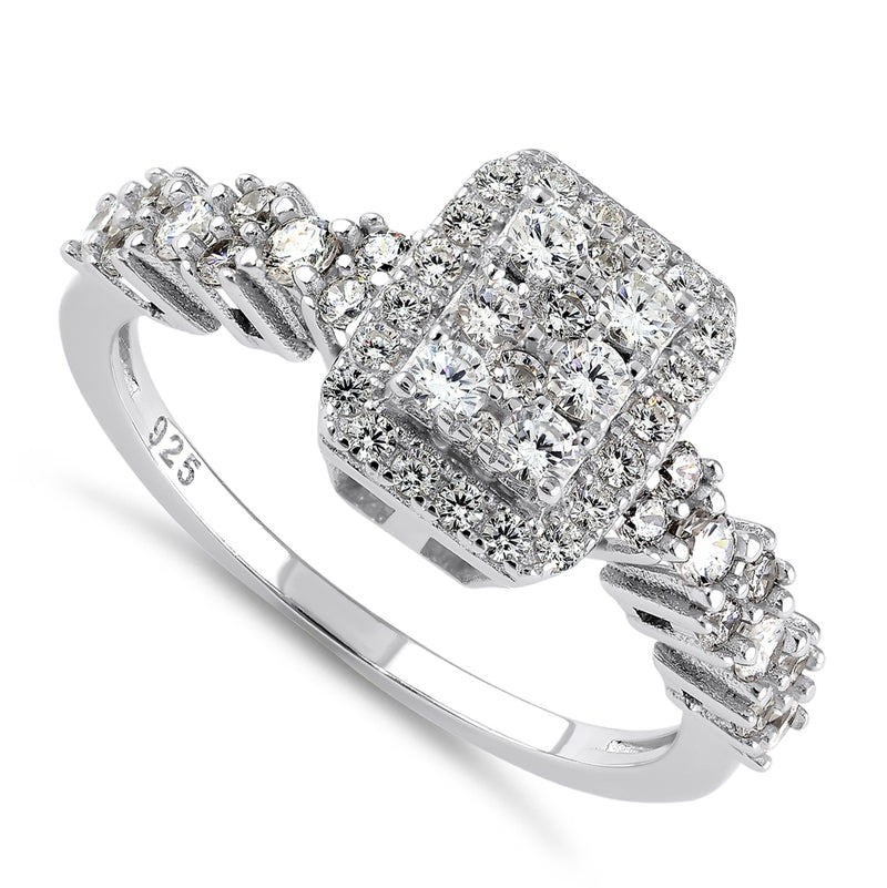 Sterling Silver Rectangle CZ Halo Cluster Ring