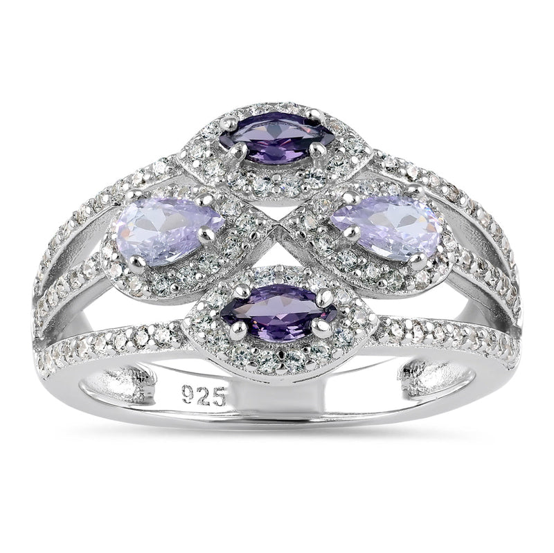 Sterling Silver Two-Tone Amethyst Clover CZ Ring