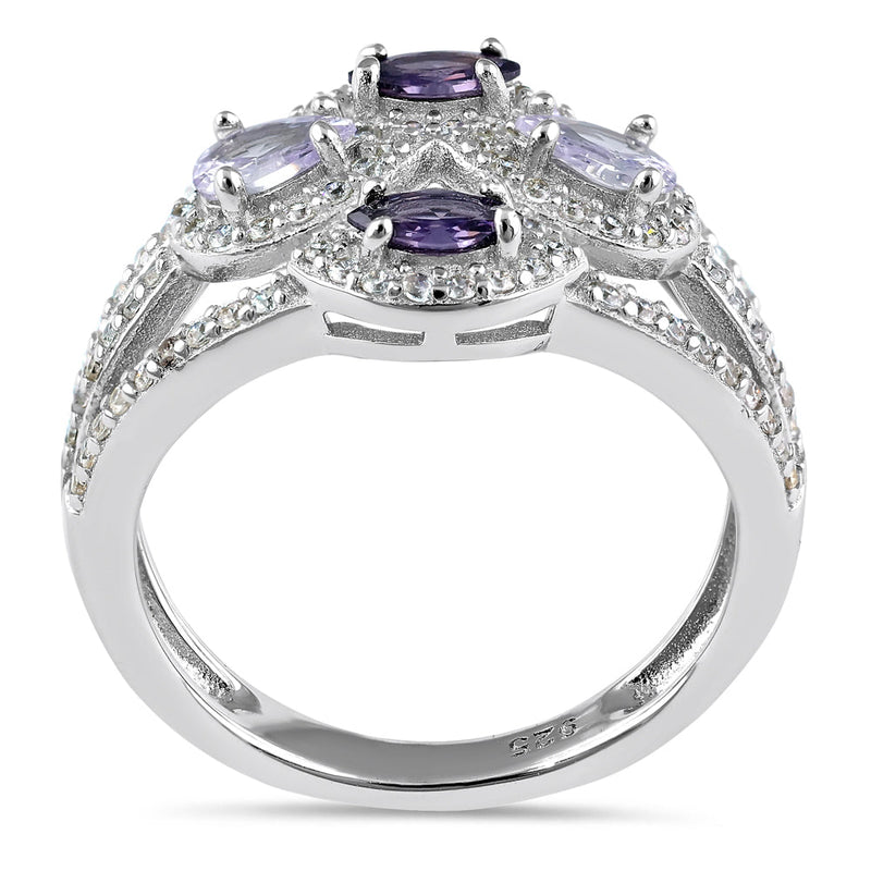 Sterling Silver Two-Tone Amethyst Clover CZ Ring