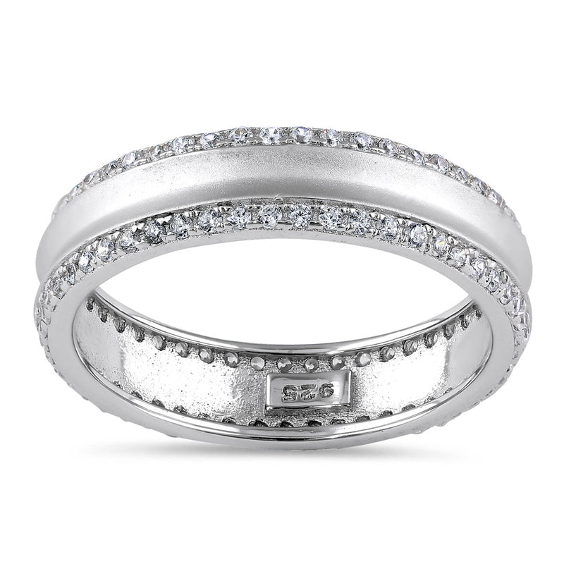 Sterling Silver Matte Line CZ Wedding Band Ring