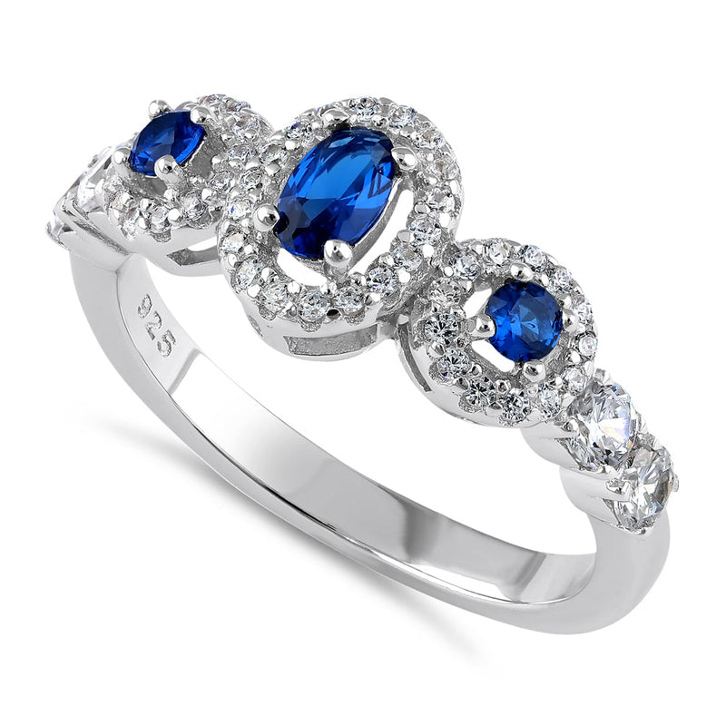 Sterling Silver Blue Sapphire Triple Halo CZ Ring