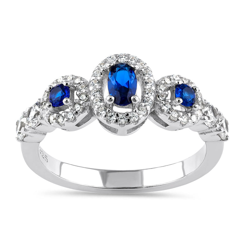 Sterling Silver Blue Sapphire Triple Halo CZ Ring