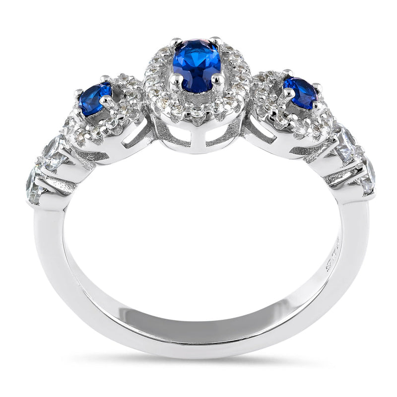 Sterling Silver Blue Sapphire Triple Halo CZ Ring