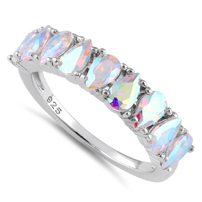 Sterling Silver Half Eternity Mercury Mystic Rainbow Topaz Pear CZ Ring