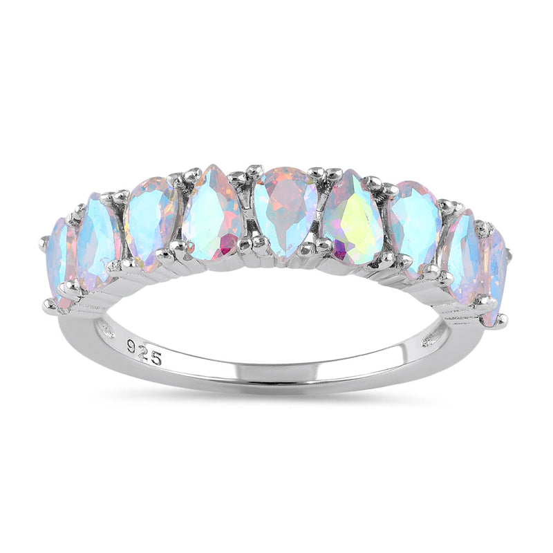 Sterling Silver Half Eternity Mercury Mystic Rainbow Topaz Pear CZ Ring