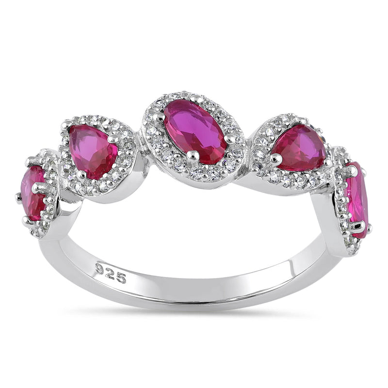 Sterling Silver Half Eternity Pear and Oval Halo Ruby and Clear CZ Ring