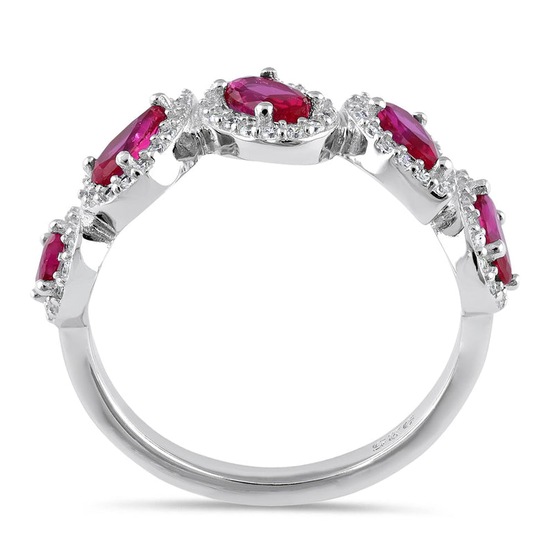 Sterling Silver Half Eternity Pear and Oval Halo Ruby and Clear CZ Ring