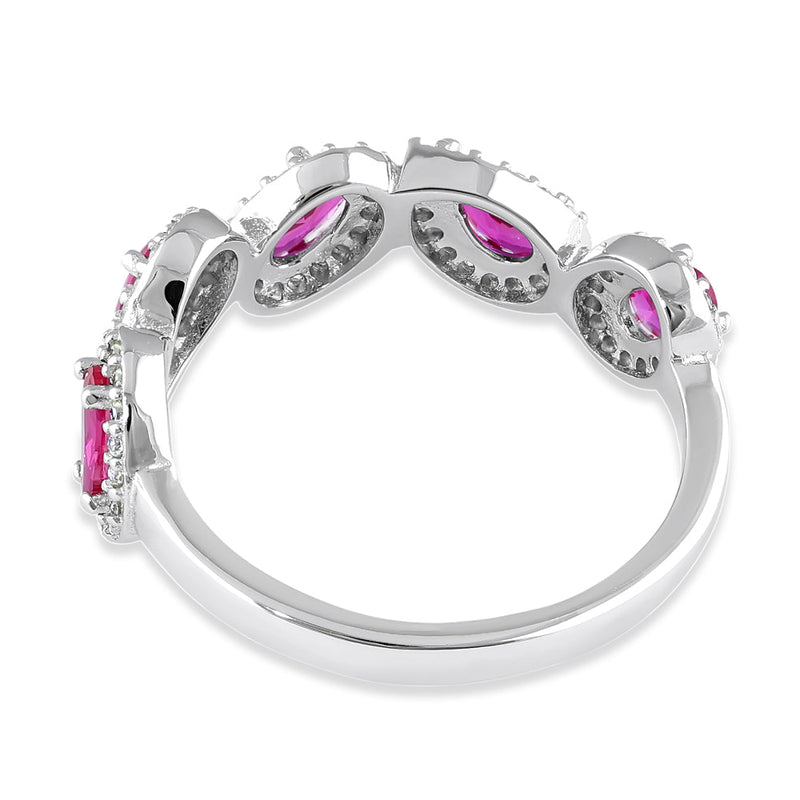 Sterling Silver Half Eternity Pear and Oval Halo Ruby and Clear CZ Ring