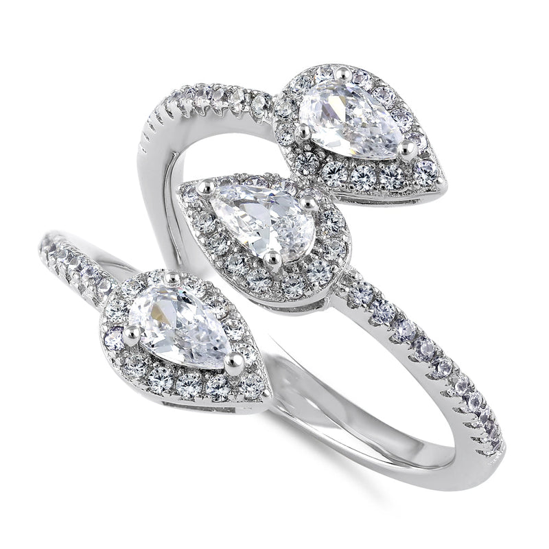 Sterling Silver Triple Pear Halo Wrap CZ Ring