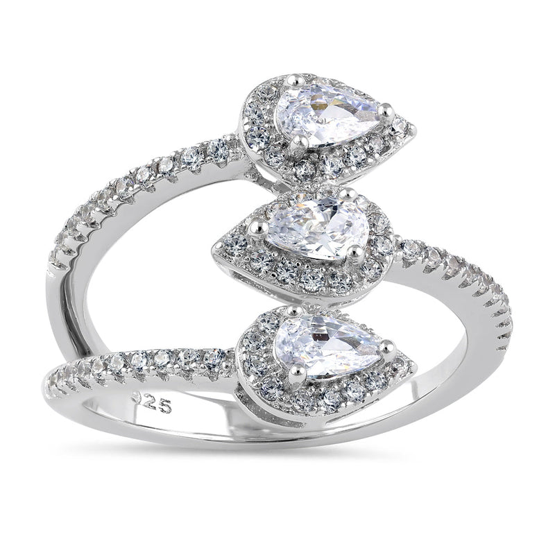 Sterling Silver Triple Pear Halo Wrap CZ Ring