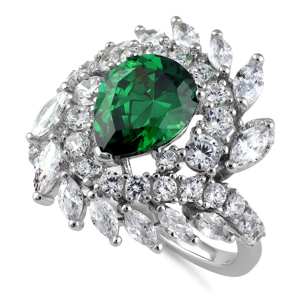 Sterling Silver Unique Emerald Pear Swirl CZ Ring