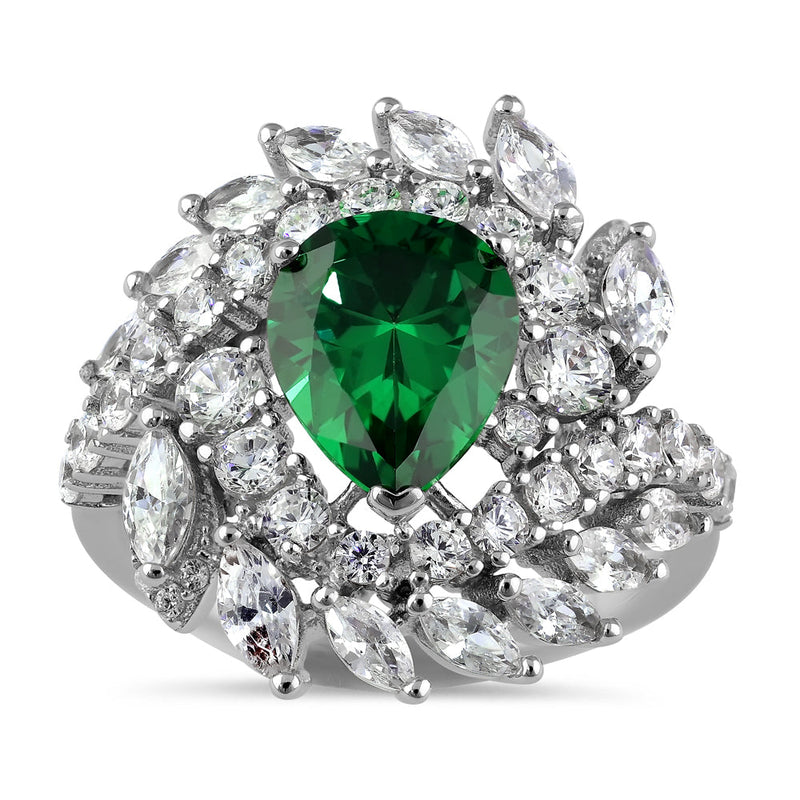 Sterling Silver Unique Emerald Pear Swirl CZ Ring