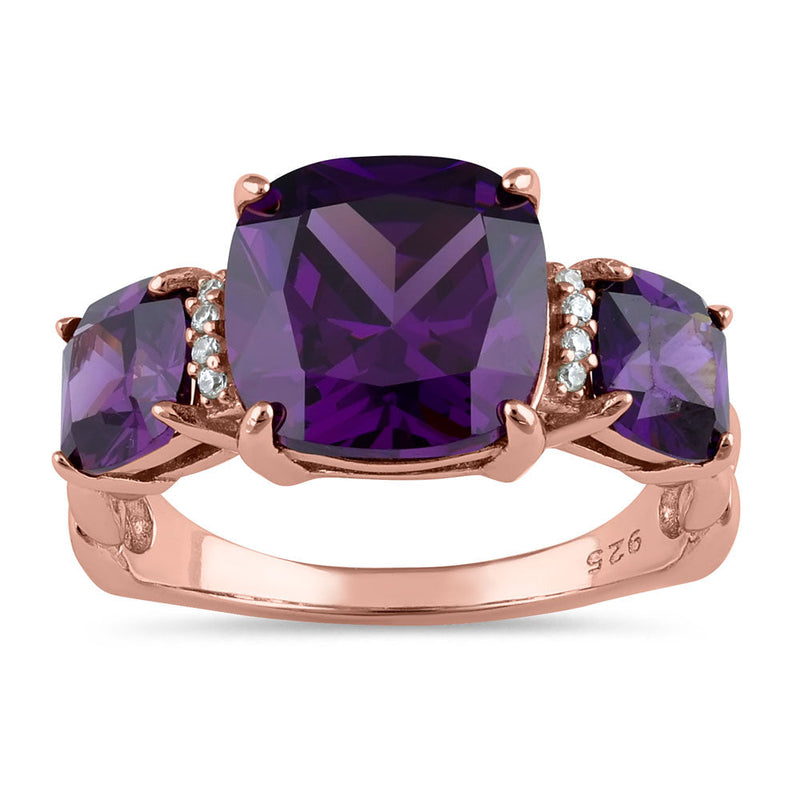 Sterling Silver Rose Gold Plated Cushion Amethyst CZ Ring