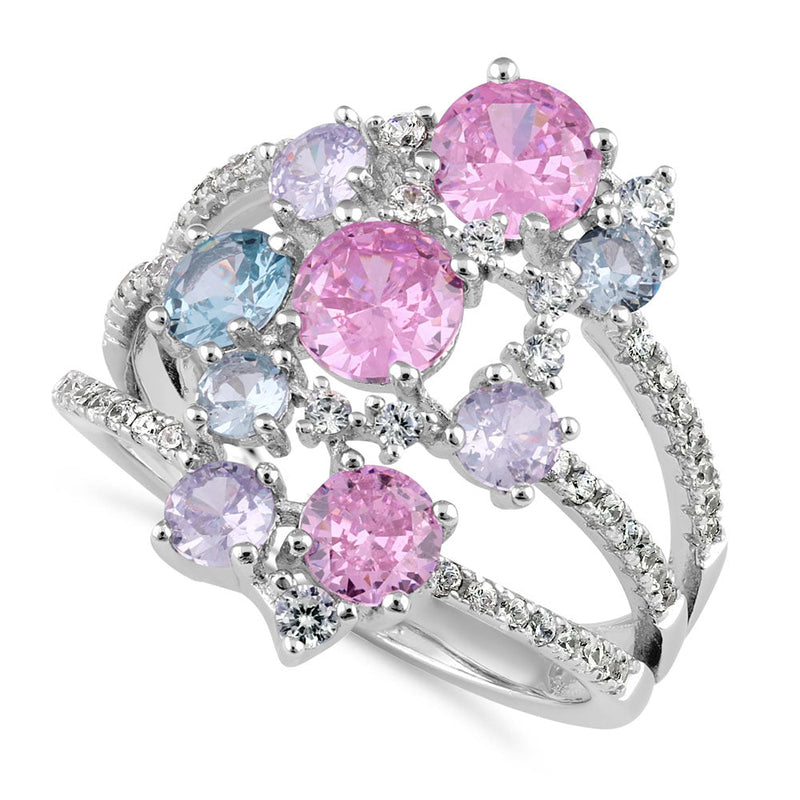 Sterling Silver Bulky Colorful Cluster CZ Ring