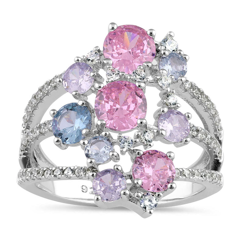 Sterling Silver Bulky Colorful Cluster CZ Ring