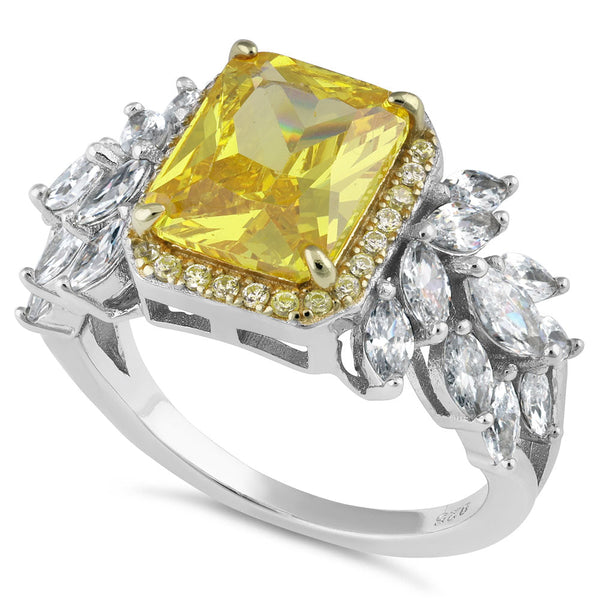 Sterling Silver Elegant Yellow Emerald Cut Halo CZ Ring