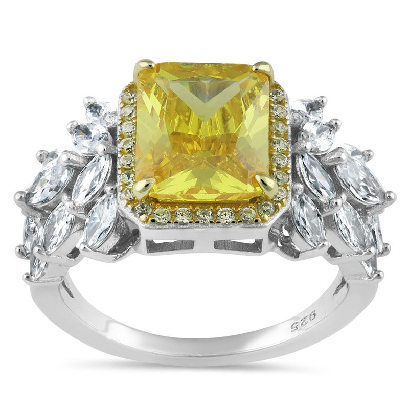 Sterling Silver Elegant Yellow Emerald Cut Halo CZ Ring