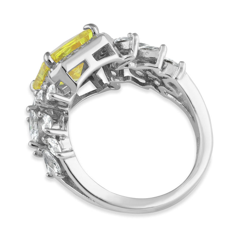 Sterling Silver Elegant Yellow Emerald Cut Halo CZ Ring