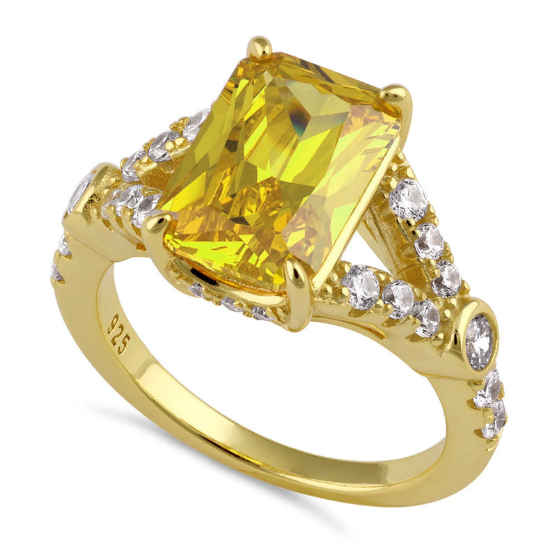 Sterling Silver Large Yellow Emerald Cut CZ Ring