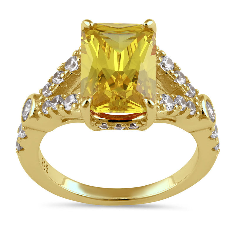 Sterling Silver Large Yellow Emerald Cut CZ Ring