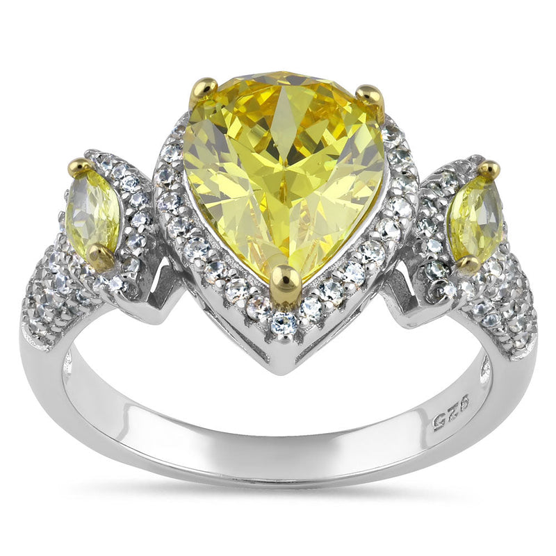 Sterling Silver Yellow Pear and Marquise Halo CZ Ring