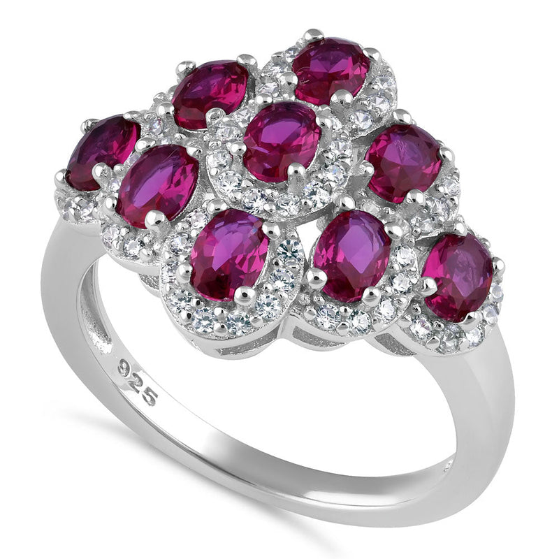 Sterling Silver Oval Ruby CZ Cluster Ring