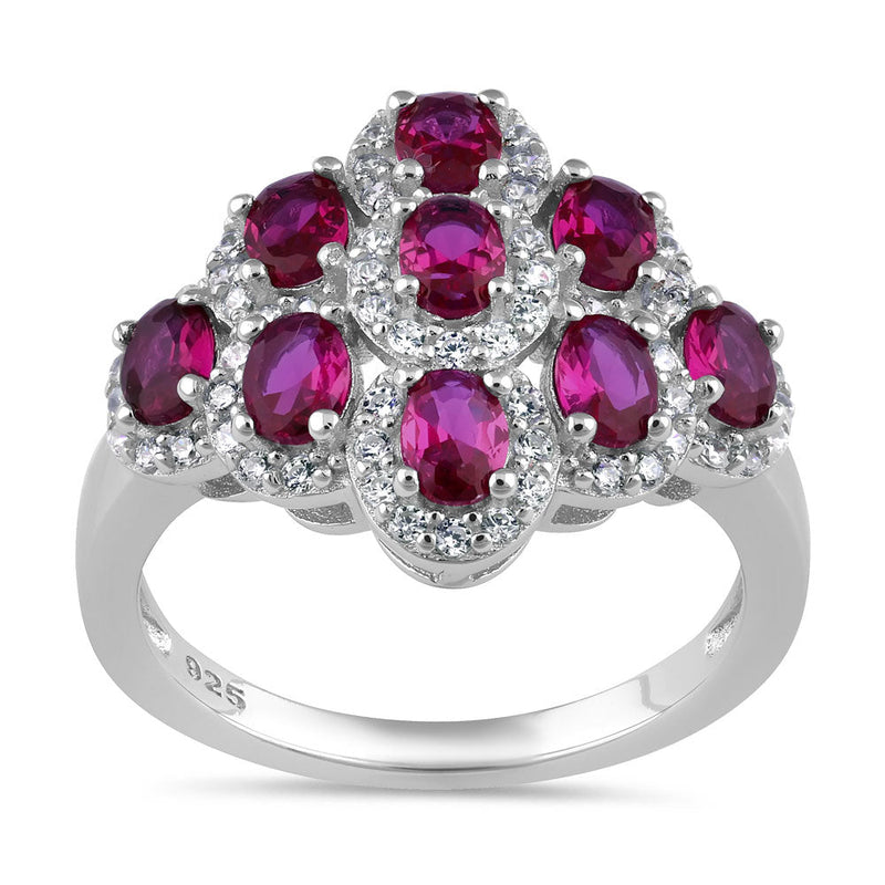 Sterling Silver Oval Ruby CZ Cluster Ring