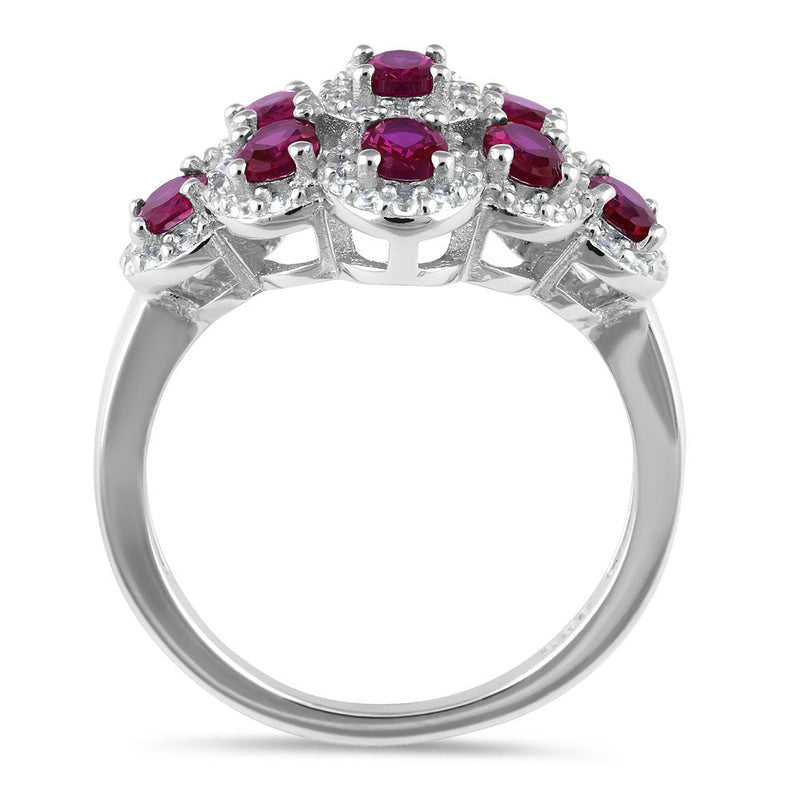 Sterling Silver Oval Ruby CZ Cluster Ring