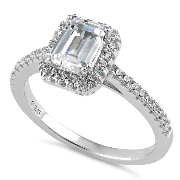 Sterling Silver Classic Emerald Cut Halo Engagement CZ Ring