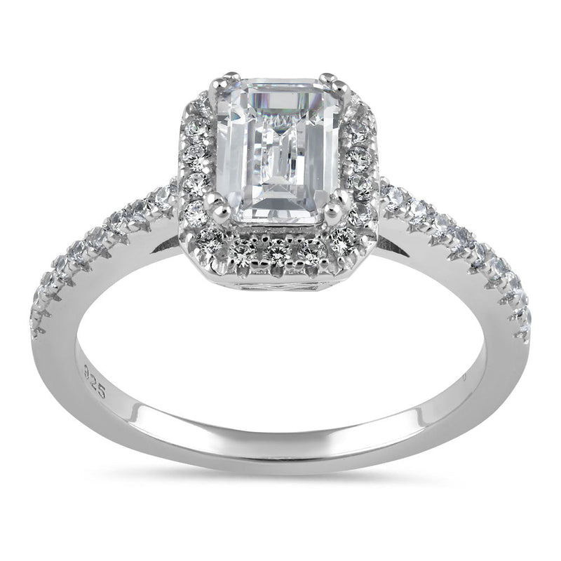 Sterling Silver Classic Emerald Cut Halo Engagement CZ Ring