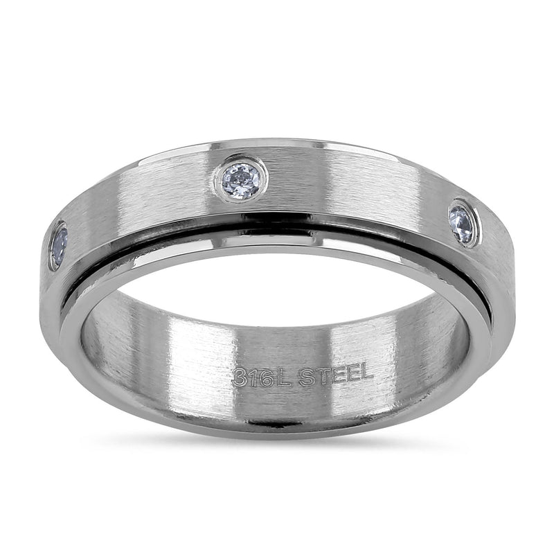 Stainless Steel Spinner CZ Band Ring