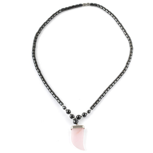 18" Pink Flat Tooth Stone Hematite Necklace (Not Sterling Silver)