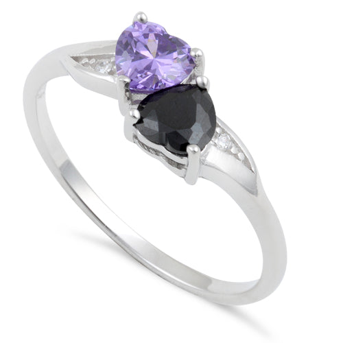 Sterling Silver Double Heart Light Violet Blue & Black CZ Ring