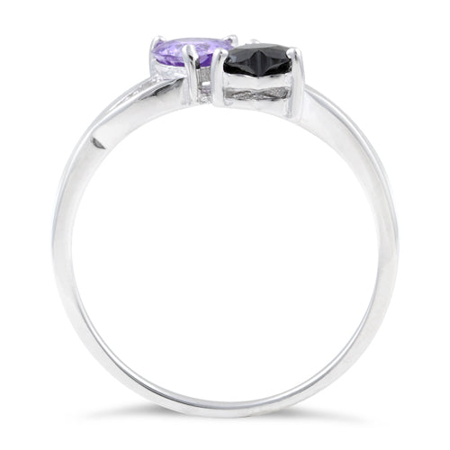 Sterling Silver Double Heart Light Violet Blue & Black CZ Ring