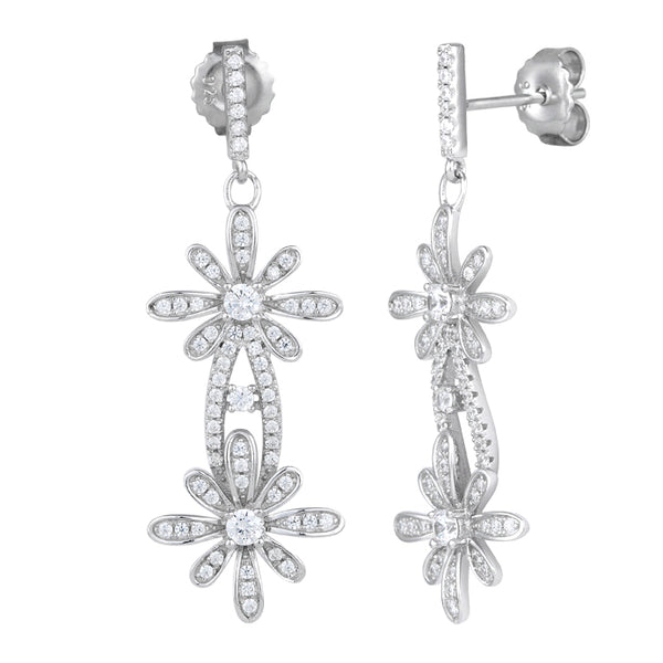 Sterling Silver Double Flower CZ Dangle Earrings